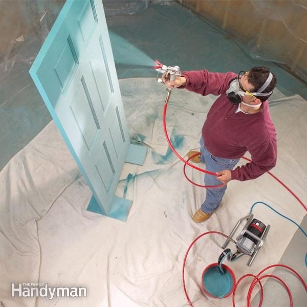 airless sprayer painting paint doors techniques door machine spray handyman diy works learn way spraying familyhandyman using varnished interior cabinets