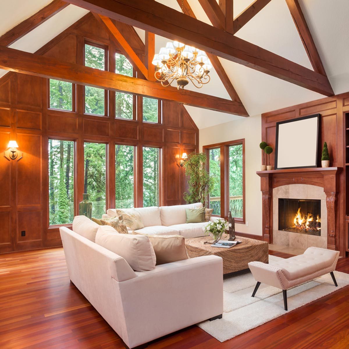 shutterstock_360087827 wood trim living room with vaulted ceiling