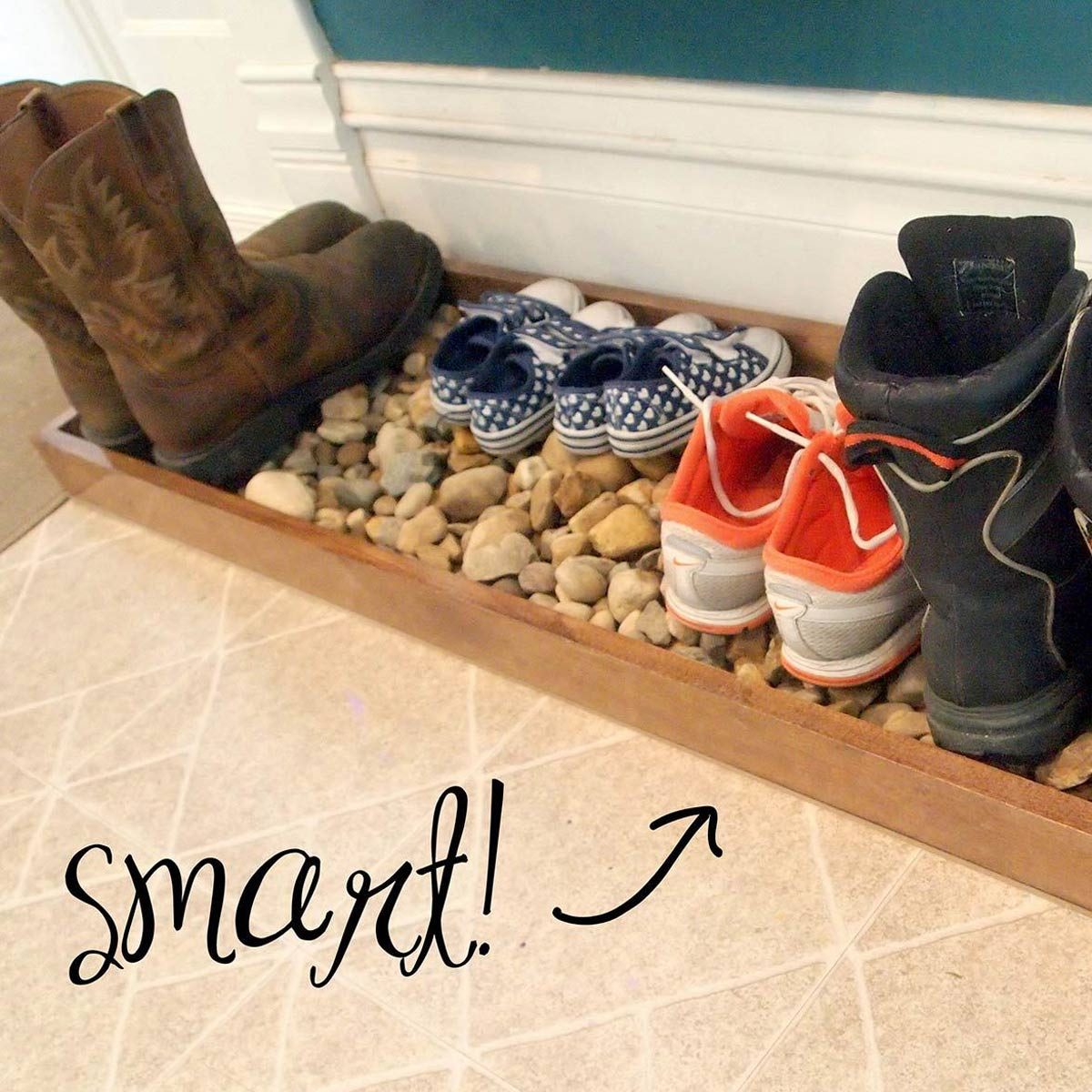 Farmhouse Boot Storage, Wooden Boot Tray with Wheels, Rustic Shoe