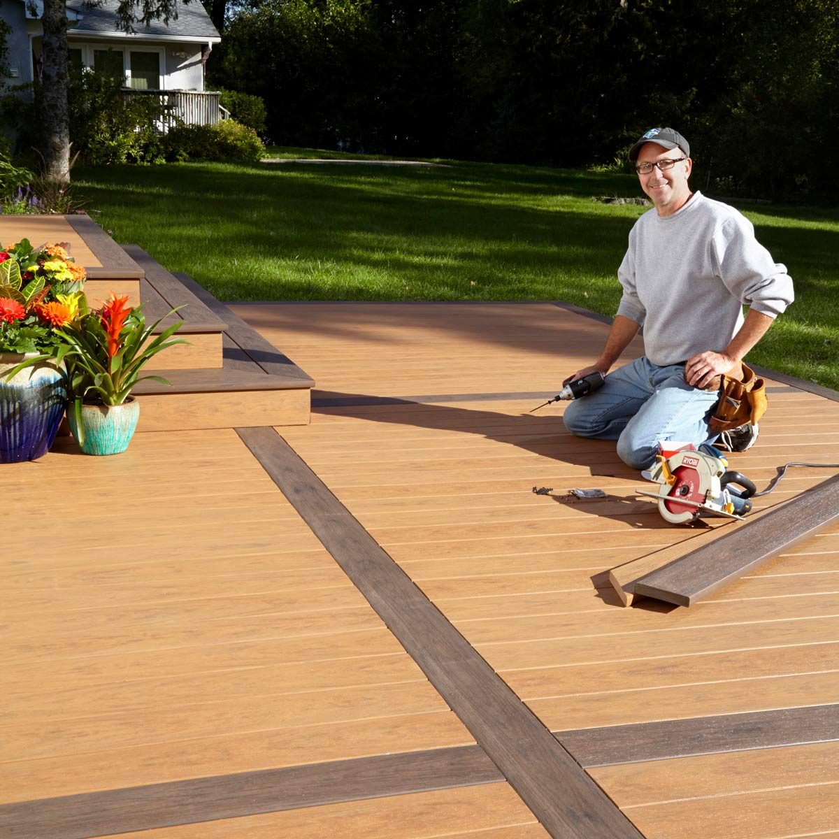 Man sitting on knees on patio