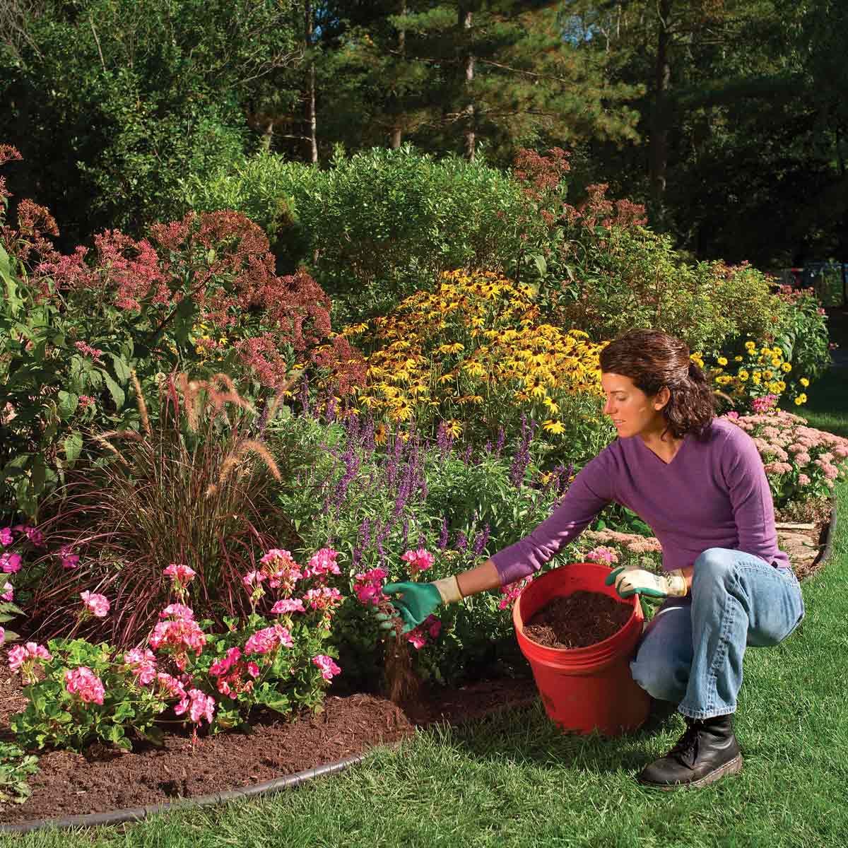 woman adding mulch to garden