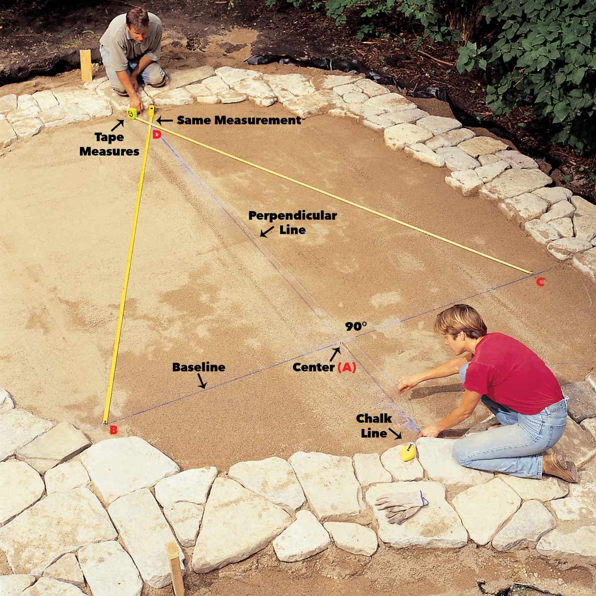 snap base line and perpendicular line stone patio