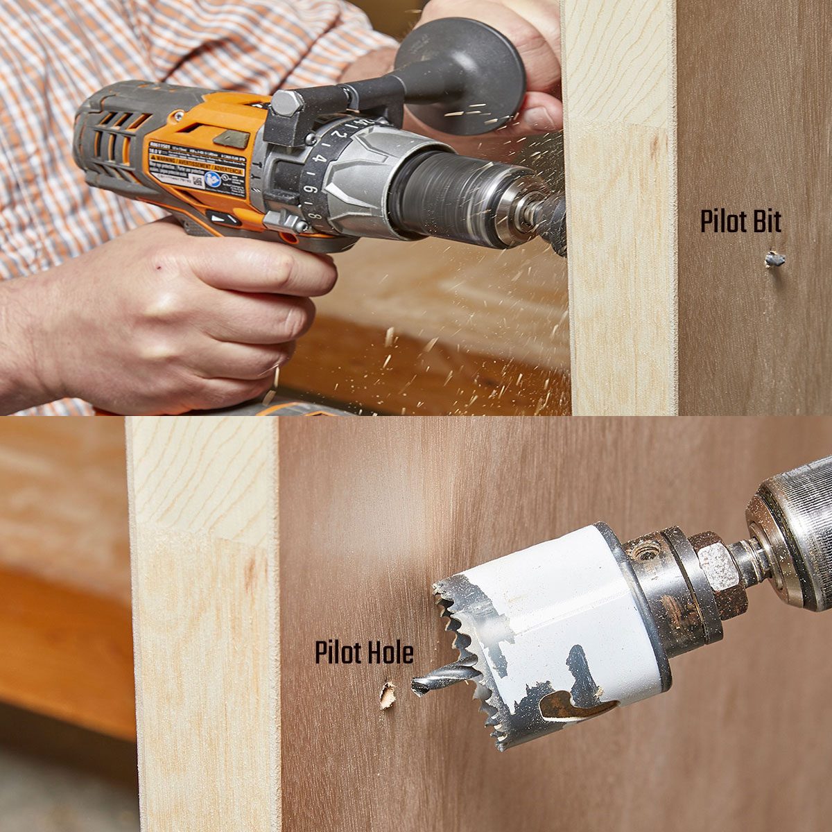A regular drill creating a pilot hole and then a hole saw cutting in that spot | Construction Pro Tips