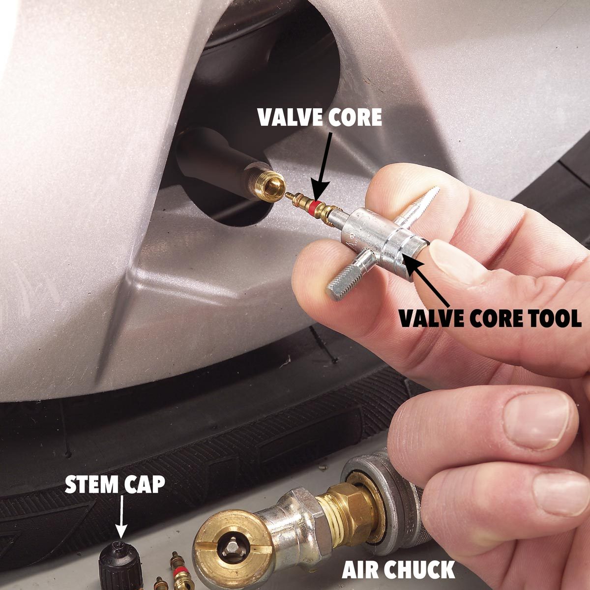 How to fix a leaky tyre valve using a 4-in-1 tyre valve tool in