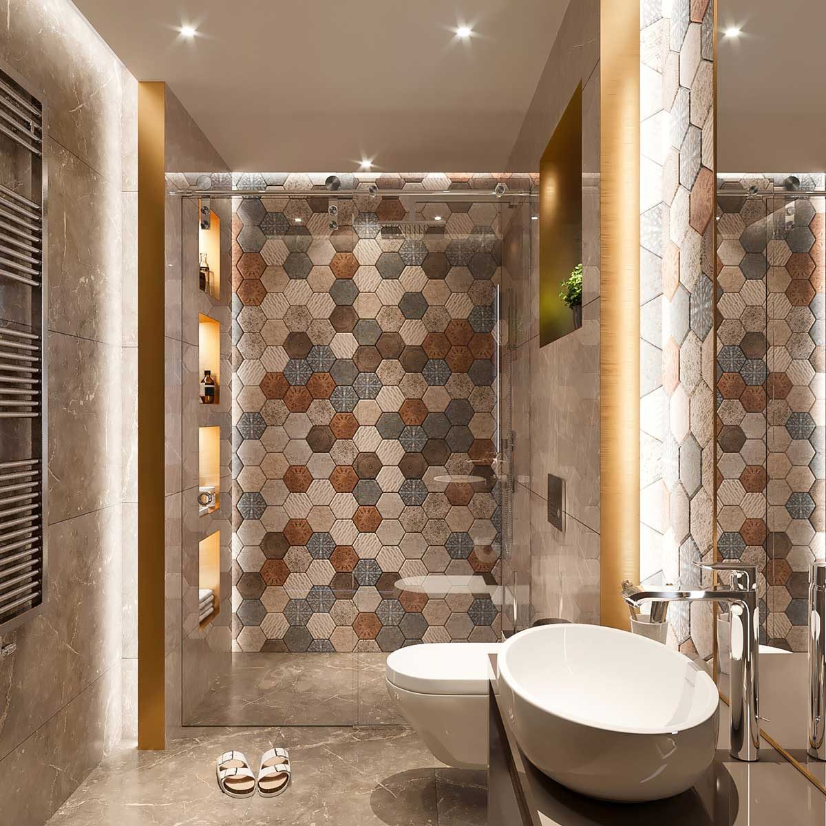 Blue, orange and neutral mosaic tile in a bathroom