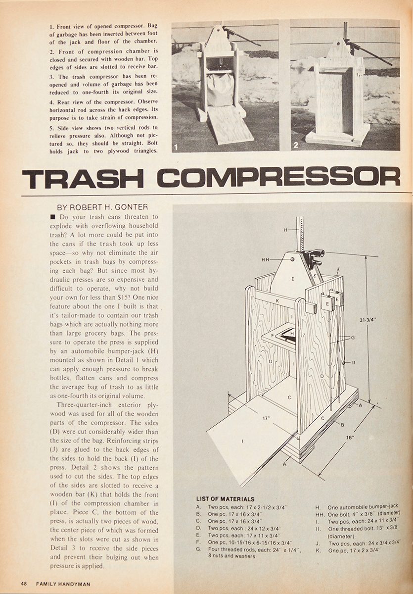 Vintage Family Handyman Project From 1970 How To Build A Trash Compressor Family Handyman
