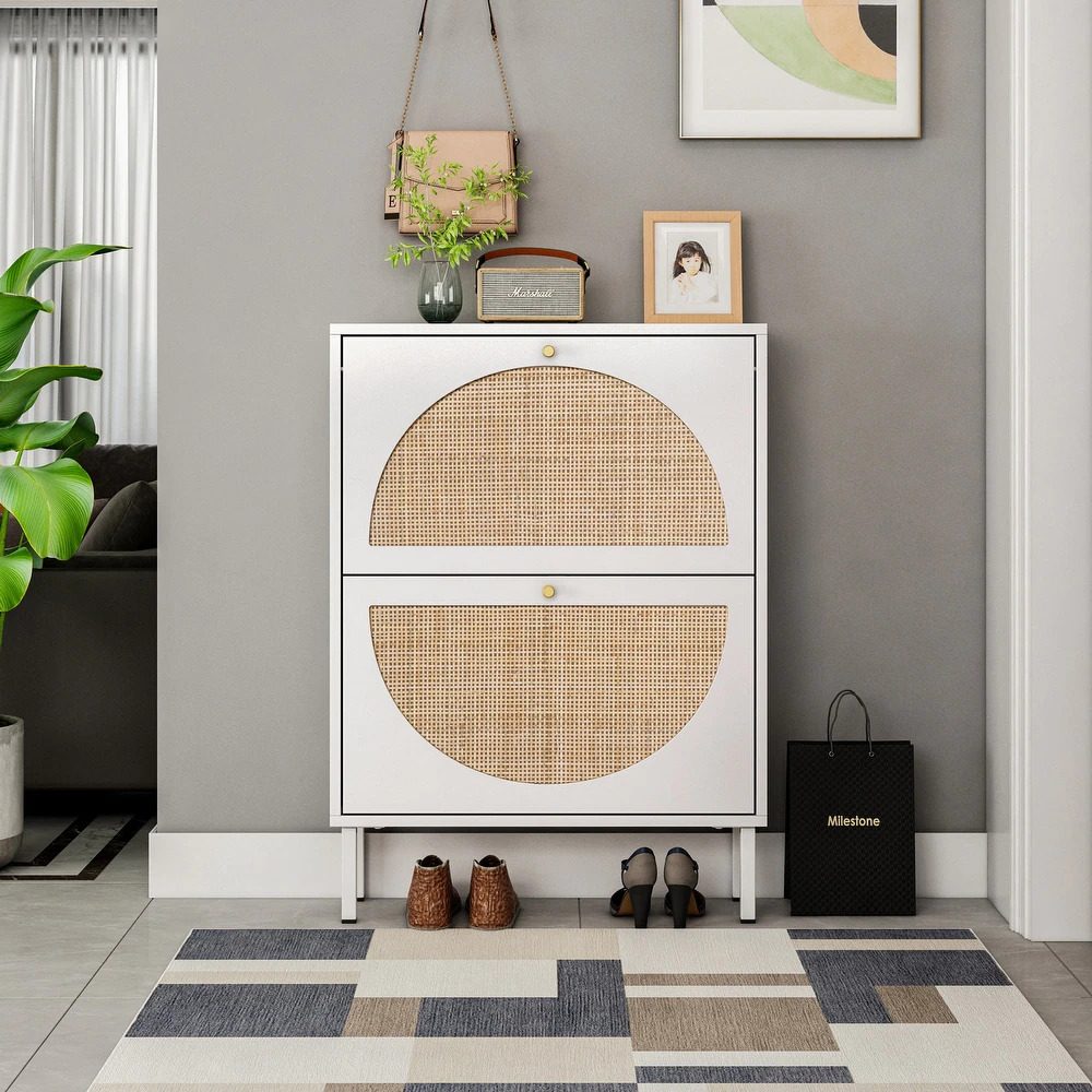 Natural Rattan Shoe Rack With 2 Door And Iron Feet