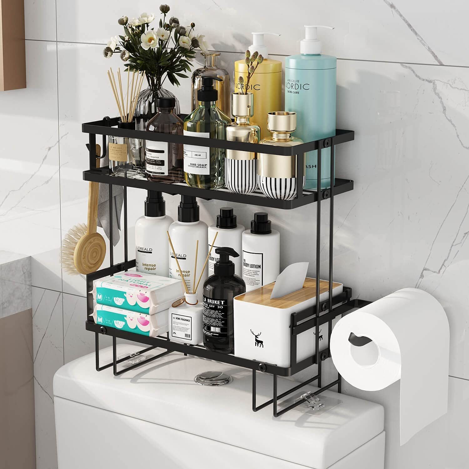 Over The Toilet Storage Rack With 2 Open Shelves And Doors, Black