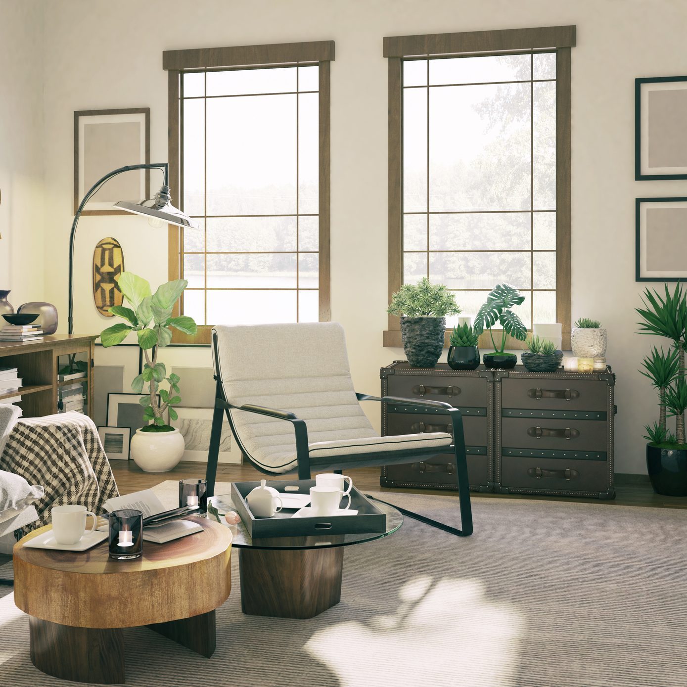 rustic interior window trim in living room