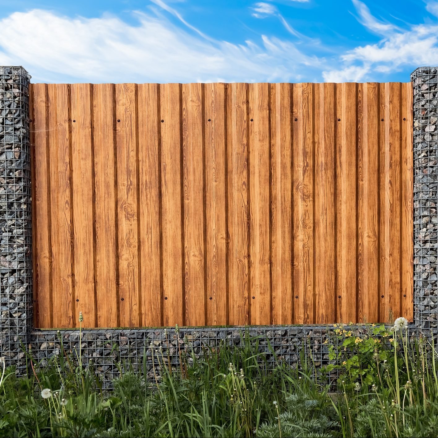 Gabion fence. Posts full of stones with sections from wooden planks. Countryside style. Exterior garden element design. Security wall. Natural materials. Isolated. Nature texture. Close-up