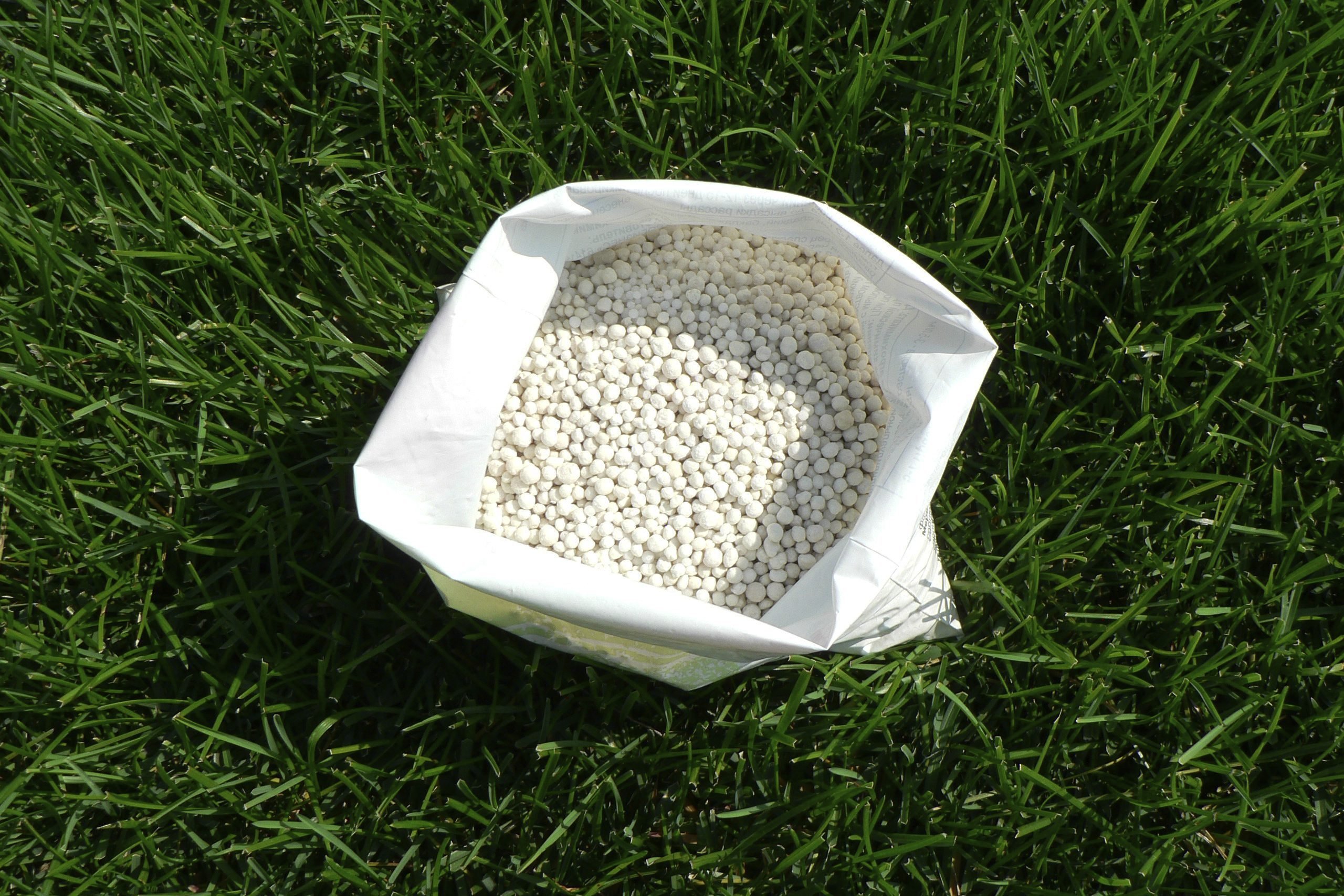 Fertilizer for grass, lawn, meadow in a bag of white granules on a background of green grass. Close up of mineral fertilizer granules used on grass lawns and gardens to maintain health and growth.