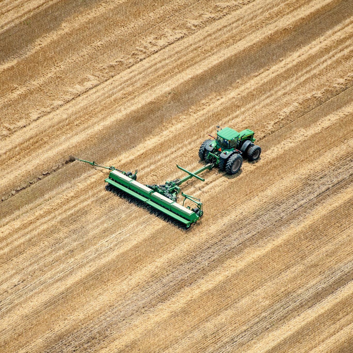 Aerial view of double crop soybean planting over wheat stubble on the eastern shore of Maryland USA