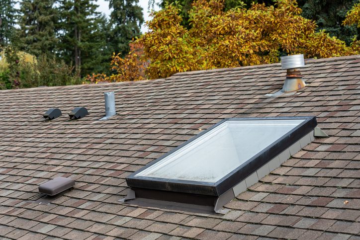 Rooftop view of shingled roof, skylight, roof vents and fall foliage in the background