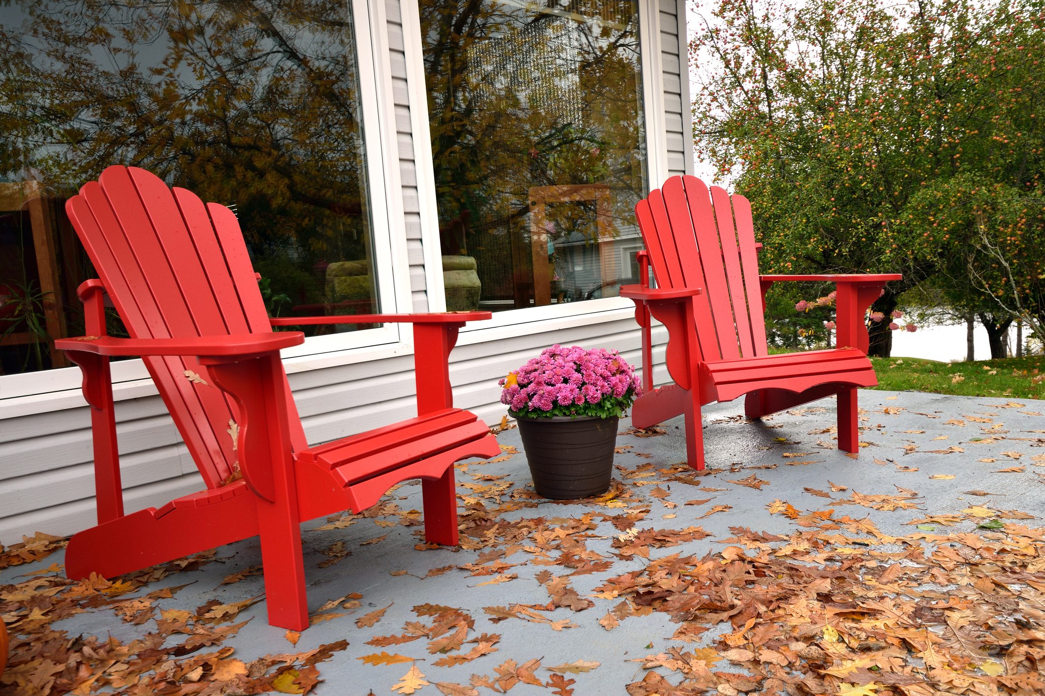 Red Chairs surrounded by Autumn Leaves