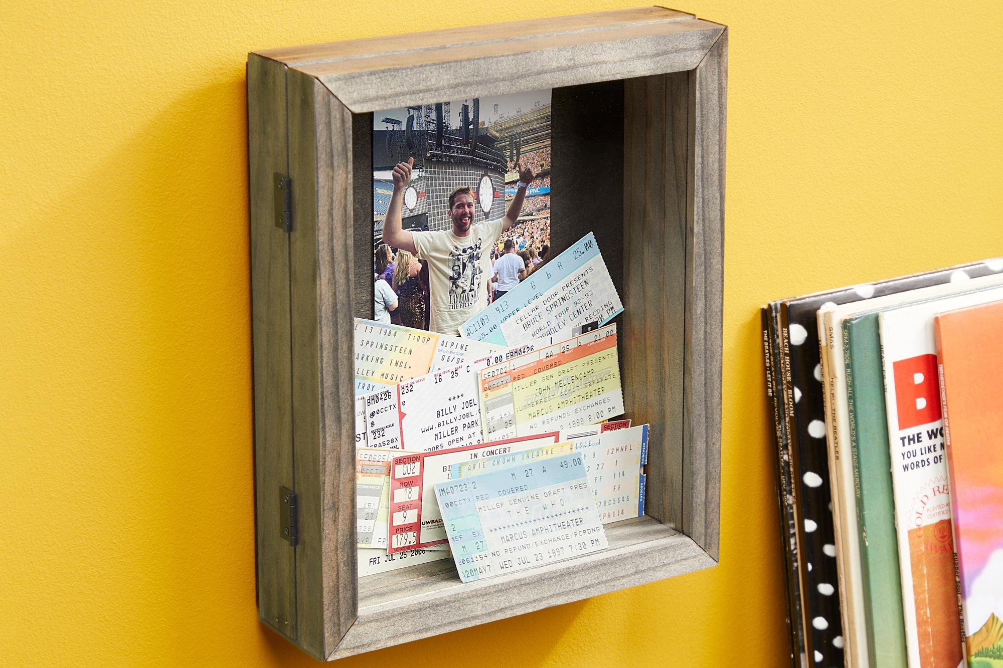 Shadow Box On Wall With Record Player And Records