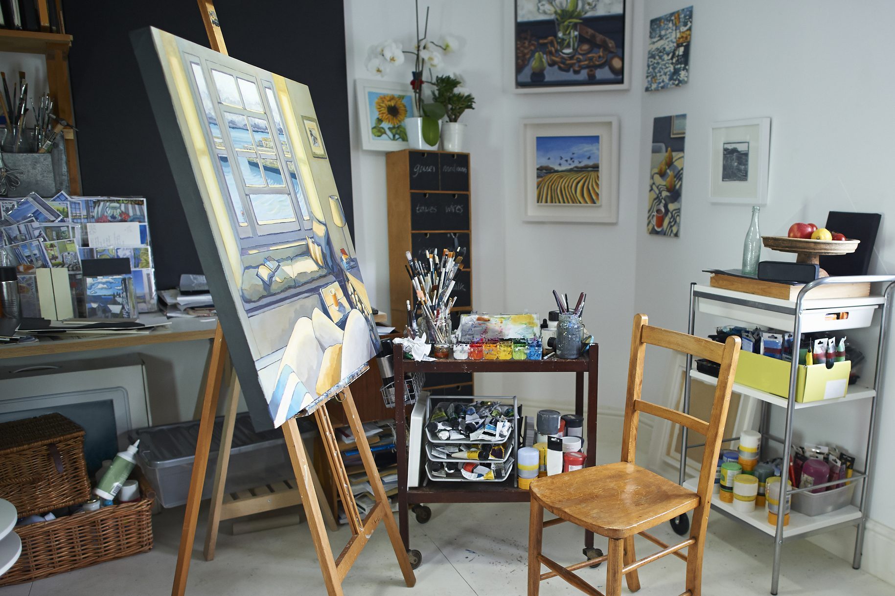 Creative artist studio with painting on easel.