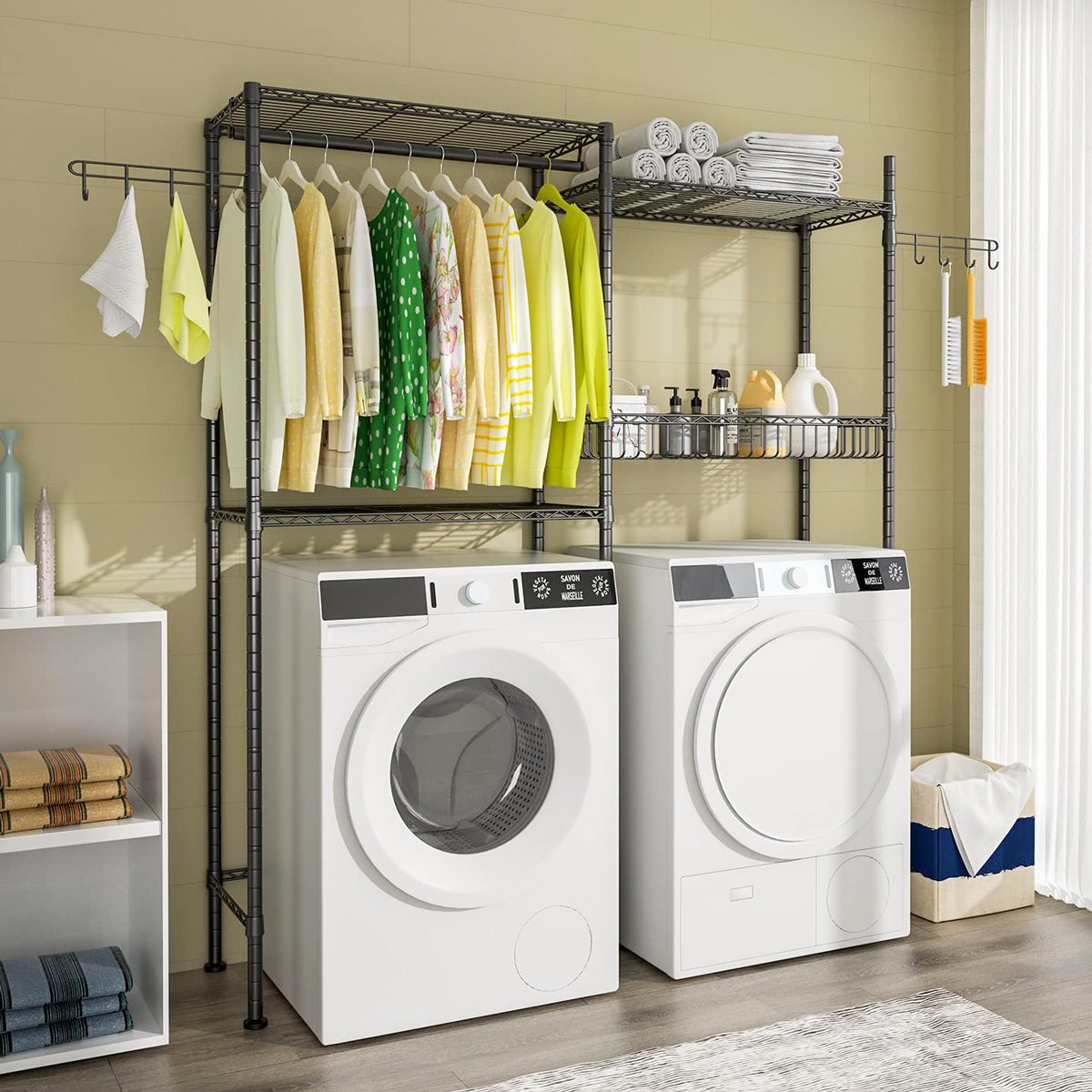Laundry Room Shelves with Multi Colored Storage Baskets