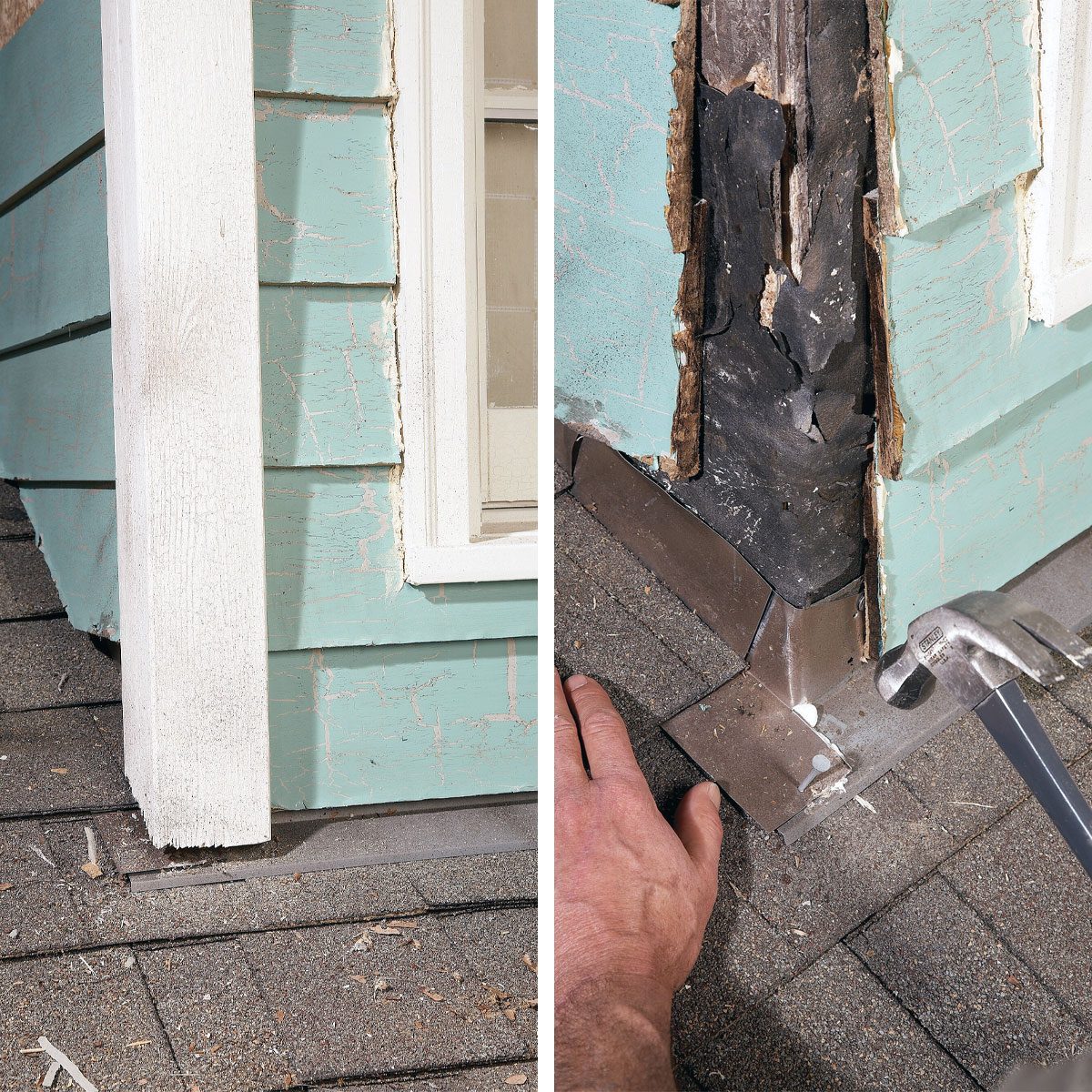 A close-up view of window on roof; repairing the window edges