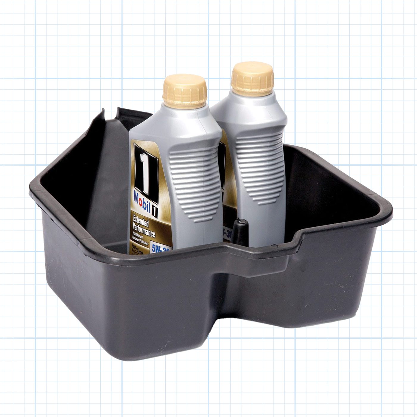 A black, rectangular oil drain pan with a spout on one side, containing two bottles of motor oil with beige caps and silver labels, placed on a grid-patterned background.