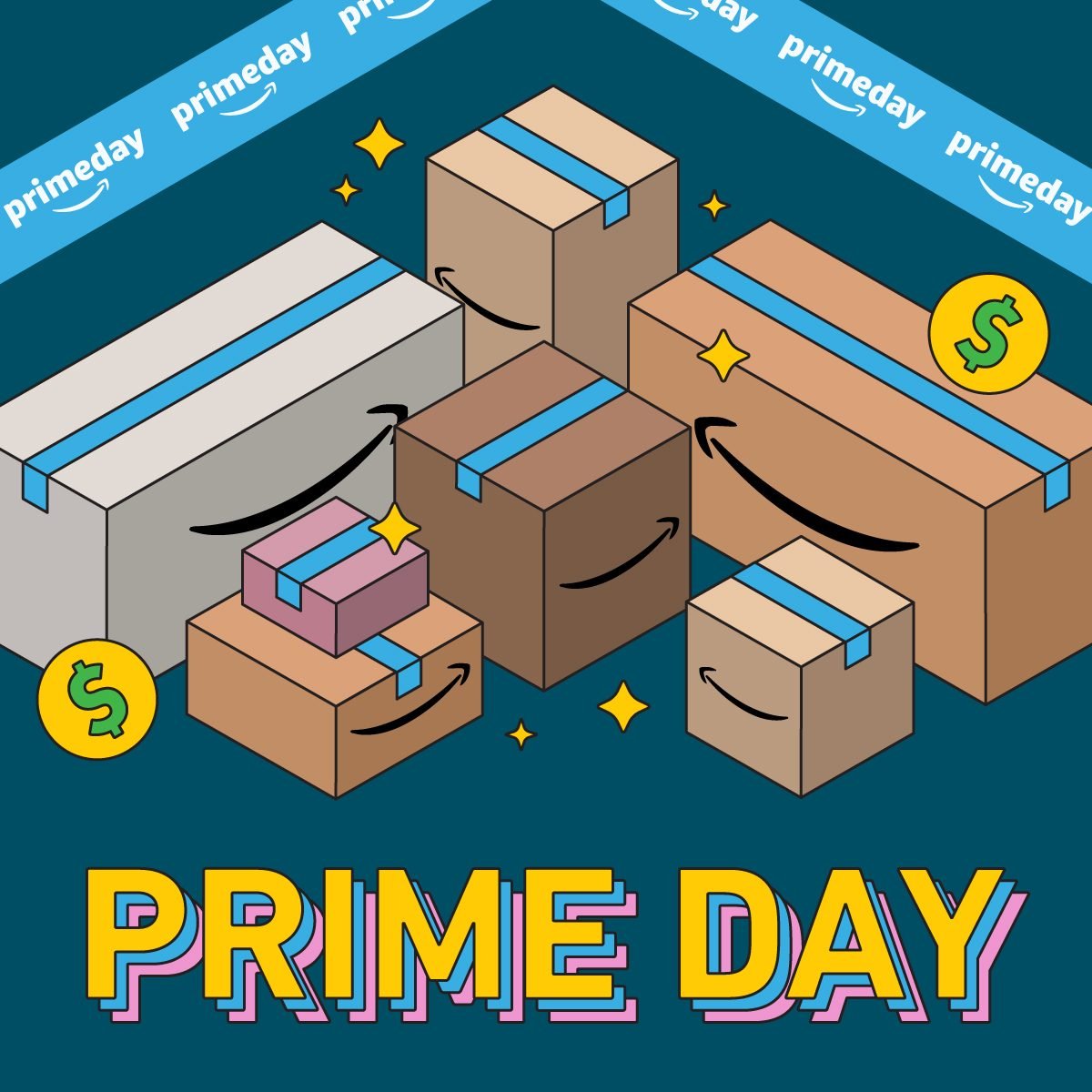 Prime Day Deals Megalist illustration of carton boxes with amazon blue tape with sparks and dollar sign elements in yellow