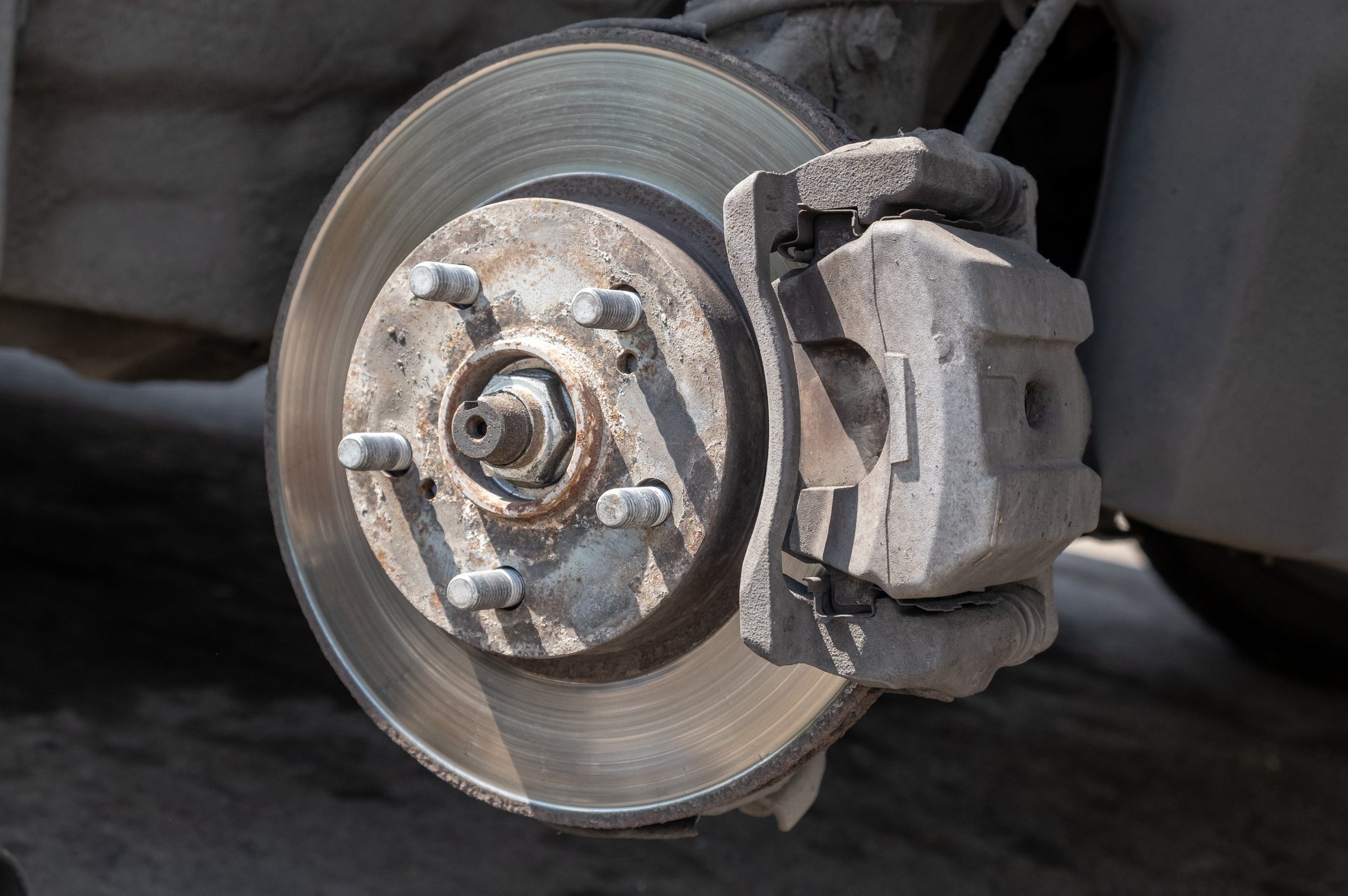 Disc brake of the vehicle for repair, in process of tire replacement