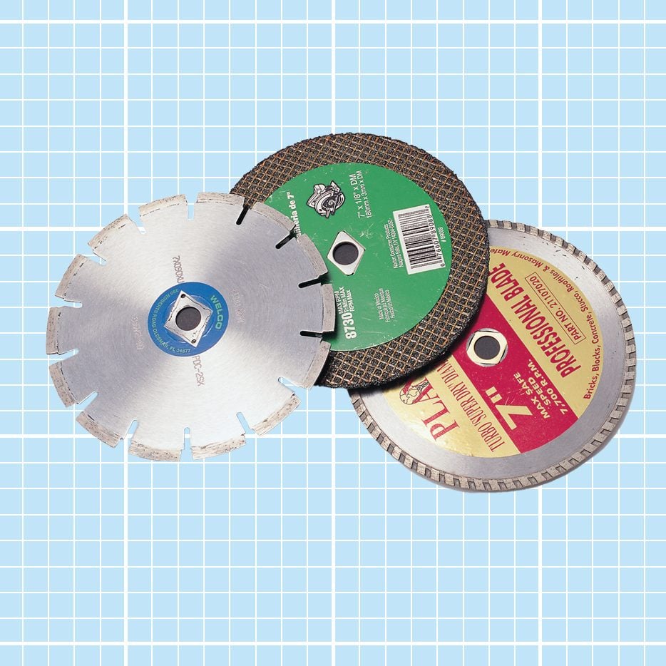 Three different types of Diamond saw blades are displayed on a light blue grid background. The blades have various designs and labels, including a segmented blade, a continuous rim blade, and a turbo blade.