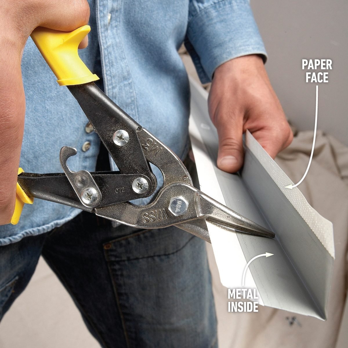 How To Install A Paper Faced Drywall Corner Bead Cut the drywall paper beading with tin snips