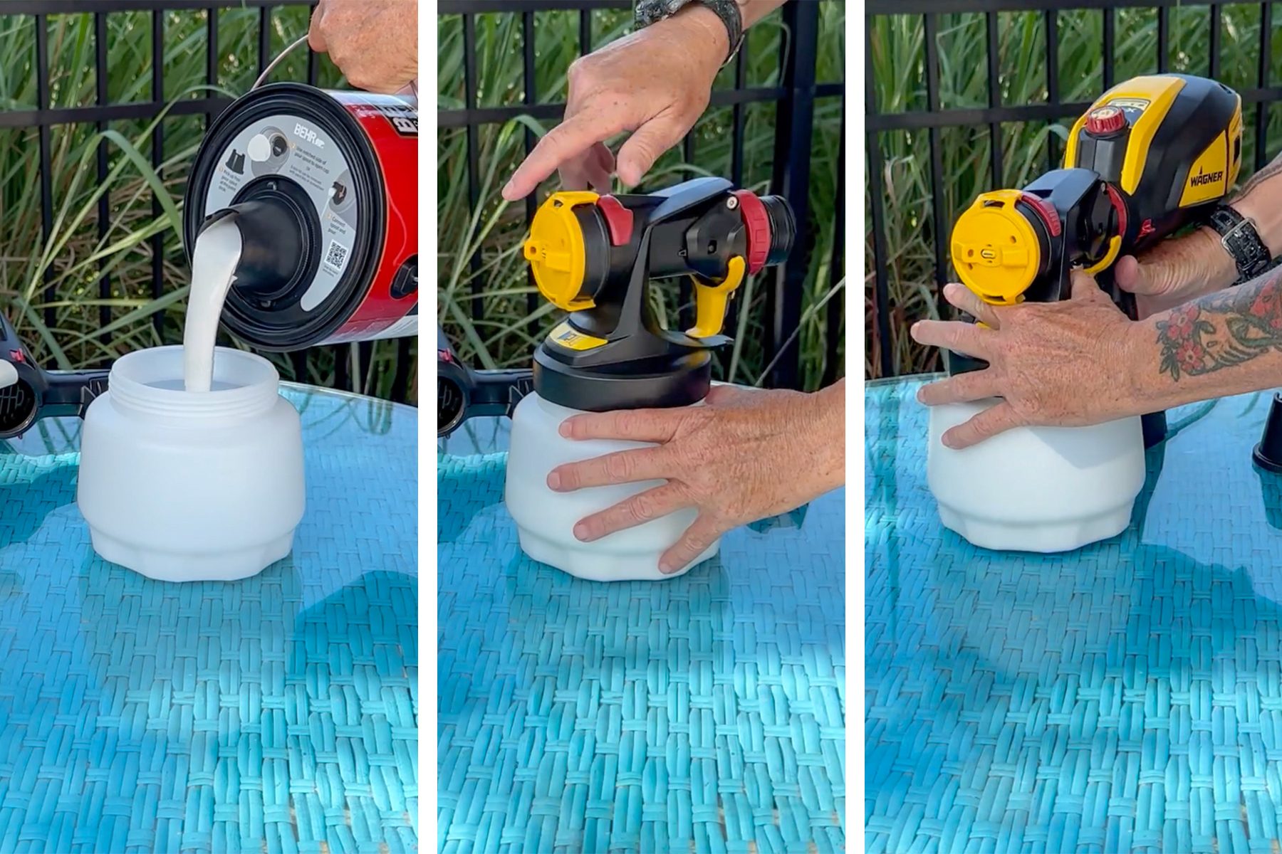 Three-panel image showing steps for using a paint sprayer. The first panel shows pouring paint into a sprayer container. The second panel depicts attaching the sprayer component to the container. The third panel shows securing the sprayer and container together.