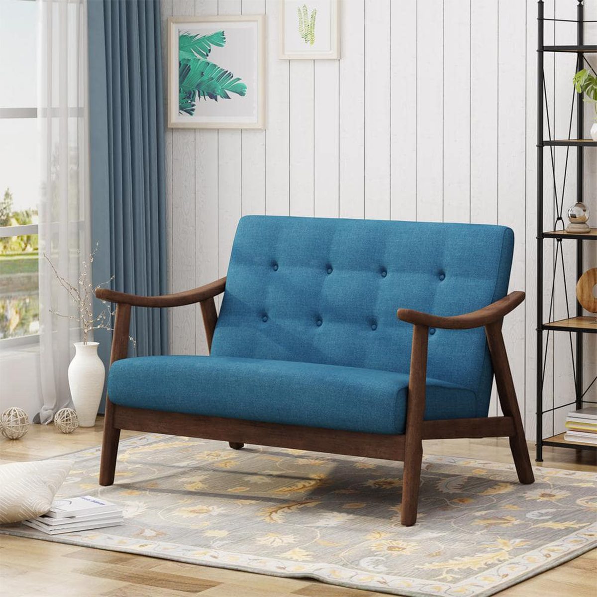 Noble House Hetel Navy Blue Button Tufted Polyester 2 Seat Settee With Wood Frame Ecomm Via Homedepot.com